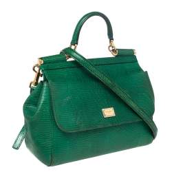 Pre Owned Dolce & Gabbana Green Lizard Embossed Leather Medium Miss Sicily Top Handle Bag