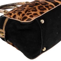 Pre Owned Dolce & Gabbana Brown Animal Print Calf Hair, Suede And Python Embossed Leather Miss Biz Satchel