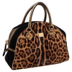 Pre Owned Dolce & Gabbana Brown Animal Print Calf Hair, Suede And Python Embossed Leather Miss Biz Satchel