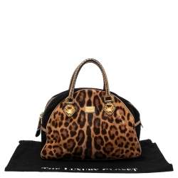 Pre Owned Dolce & Gabbana Brown Animal Print Calf Hair, Suede And Python Embossed Leather Miss Biz Satchel