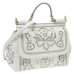 مملوكة مسبقًا Dolce & Gabbana White Floral Leather Miss Sicily Top Handle Bag