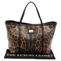 Pre Owned Dolce & Gabbana Black/Brown Leopard Print Coated Canvas and Leather Miss Escape Tote
