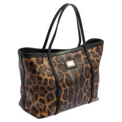 Pre Owned Dolce & Gabbana Black/Brown Leopard Print Coated Canvas and Leather Miss Escape Tote