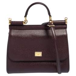Pre Owned Dolce & Gabbana Plum Leather Medium Miss Sicily Top Handle Bag