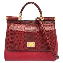 Pre Owned Dolce & Gabbana Red Leather and Snakeskin Medium Miss Sicily Top Handle Bag