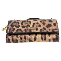 Pre Owned Dolce & Gabbana Brown/Black Leopard Print Coated Canvas Miss Sicily Von Wallet on Chain