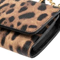 Pre Owned Dolce & Gabbana Brown/Black Leopard Print Coated Canvas Miss Sicily Von Wallet on Chain