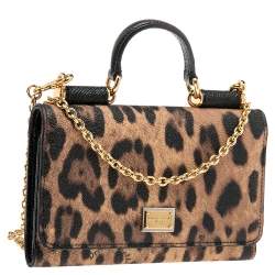 Pre Owned Dolce & Gabbana Brown/Black Leopard Print Coated Canvas Miss Sicily Von Wallet on Chain
