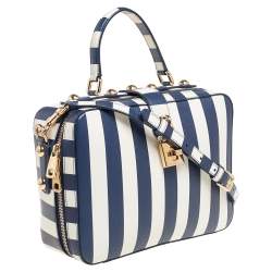 Pre Owned Dolce & Gabbana Blue/White Striped Leather Box Top Handle Bag