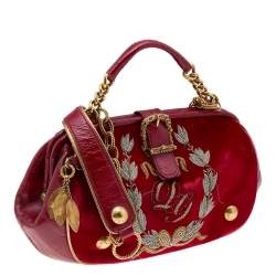 Pre Owned Dolce & Gabbana Red Velvet and Eel Leather Embroidered Satchel