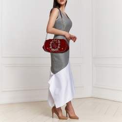 Pre Owned Dolce & Gabbana Red Velvet and Eel Leather Embroidered Satchel