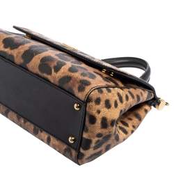 Pre Owned Dolce & Gabbana Black/Beige Leopard Print Coated Canvas and Leather Medium Sicily Top Handle Bag