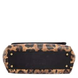 Pre Owned Dolce & Gabbana Black/Beige Leopard Print Coated Canvas and Leather Medium Sicily Top Handle Bag