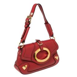 Pre Owned Dolce & Gabbana Red Pebbled Leather Ring Shoulder Bag