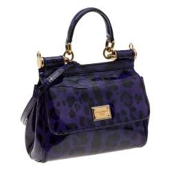 Pre Owned Dolce & Gabbana Purple/Black Leopard Print Patent Leather Small Miss Sicily Top Handle Bag