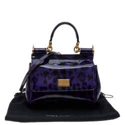 Pre Owned Dolce & Gabbana Purple/Black Leopard Print Patent Leather Small Miss Sicily Top Handle Bag