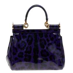 Pre Owned Dolce & Gabbana Purple/Black Leopard Print Patent Leather Small Miss Sicily Top Handle Bag