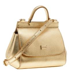 Pre Owned Dolce & Gabbana Metallic Gold Leather Mini Miss Sicily Top Handle Bag