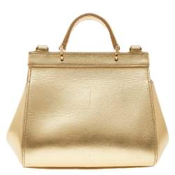 Pre Owned Dolce & Gabbana Metallic Gold Leather Mini Miss Sicily Top Handle Bag