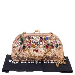 Pre Owned Dolce & Gabbana Rose Gold Sequin and Leather Crystal Embellished Clutch