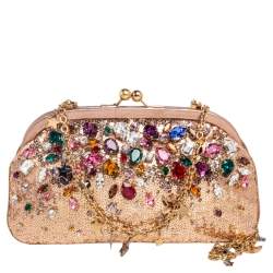 Pre Owned Dolce & Gabbana Rose Gold Sequin and Leather Crystal Embellished Clutch