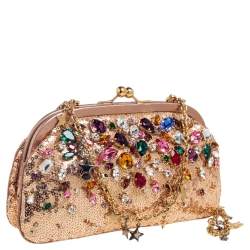 Pre Owned Dolce & Gabbana Rose Gold Sequin and Leather Crystal Embellished Clutch