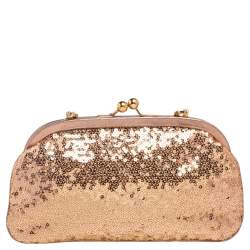 Pre Owned Dolce & Gabbana Rose Gold Sequin and Leather Crystal Embellished Clutch