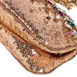 Pre Owned Dolce & Gabbana Rose Gold Sequin and Leather Crystal Embellished Clutch