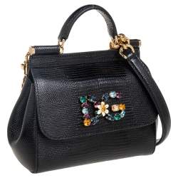 Pre Owned Dolce & Gabbana Black Lizard Embossed Leather Mini Miss Sicily Top Handle Bag