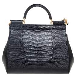 Pre Owned Dolce & Gabbana Black Lizard Embossed Leather Mini Miss Sicily Top Handle Bag
