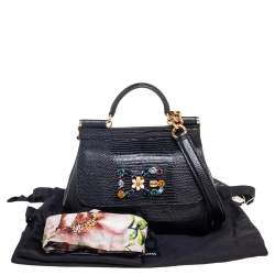 Pre Owned Dolce & Gabbana Black Lizard Embossed Leather Mini Miss Sicily Top Handle Bag