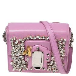 Pre Owned Dolce & Gabbana Pink Leather Lucia Crystals Shoulder Bag 