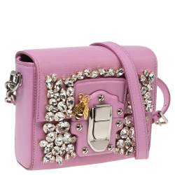 Pre Owned Dolce & Gabbana Pink Leather Lucia Crystals Shoulder Bag 