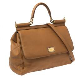 Dolce & Gabbana Light Brown Leather Large Miss Sicily Top Handle Bag