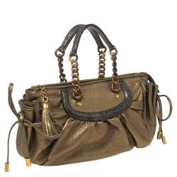 Pre Owned Dolce & Gabbana Metallic Olive Green Leather Tassel Satchel 