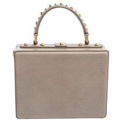 مملوكة مسبقًا حقيبة دولتشى أند غابانا يد علوية صندوق روساريا جلد نقش سحلية رمادي 