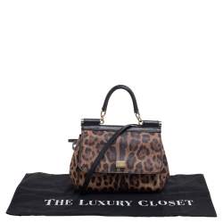 مملوكة مسبقًا حقيبة بيد علوية دولتشي أند غابانا ميس سيسيلي جلد وكانفاس مقوى طباعة فهد أسود/بني متوسطة