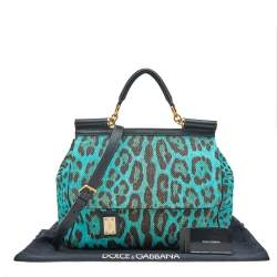 Pre Owned Dolce & Gabbana Blue/Brown Leopard Print Raffia Large Miss Sicily Top Handle Bag