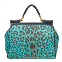 Pre Owned Dolce & Gabbana Blue/Brown Leopard Print Raffia Large Miss Sicily Top Handle Bag