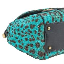Pre Owned Dolce & Gabbana Blue/Brown Leopard Print Raffia Large Miss Sicily Top Handle Bag