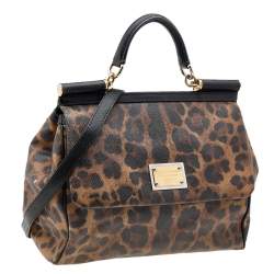 Pre Owned حقيبة دولتشي أند غابانا ميس سيسيلي كانفاس مقوى مطبوع نقشة الفهد بني/أسود يد علوية كبيرة