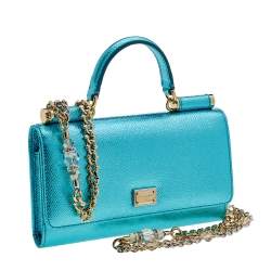 Pre Owned Dolce & Gabbana Metallic Turquoise Leather Miss Sicily Von Wallet on Chain