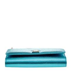 Pre Owned Dolce & Gabbana Metallic Turquoise Leather Miss Sicily Von Wallet on Chain