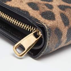 Pre Owned Dolce & Gabbana Brown/Black Leopard Print Coated Canvas Zip Compact Wallet