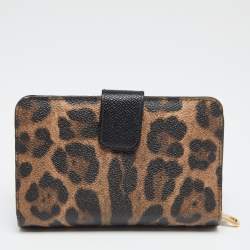 Pre Owned Dolce & Gabbana Brown/Black Leopard Print Coated Canvas Zip Compact Wallet