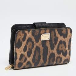Pre Owned Dolce & Gabbana Brown/Black Leopard Print Coated Canvas Zip Compact Wallet