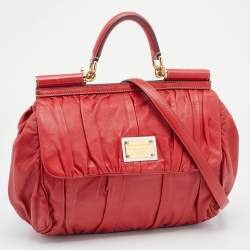 Pre Owned Dolce & Gabbana Red Pleated Leather Large Miss Sicily Top Handle Bag