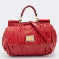 Pre Owned Dolce & Gabbana Red Pleated Leather Large Miss Sicily Top Handle Bag