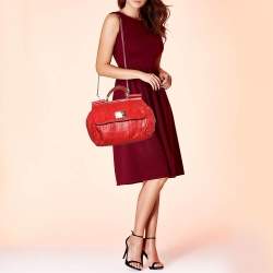 Pre Owned Dolce & Gabbana Red Pleated Leather Large Miss Sicily Top Handle Bag