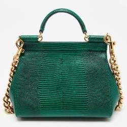 Dolce & Gabbana Green Iguana Embossed Leather Crystal DG Logo Mini Miss Sicily Bag
